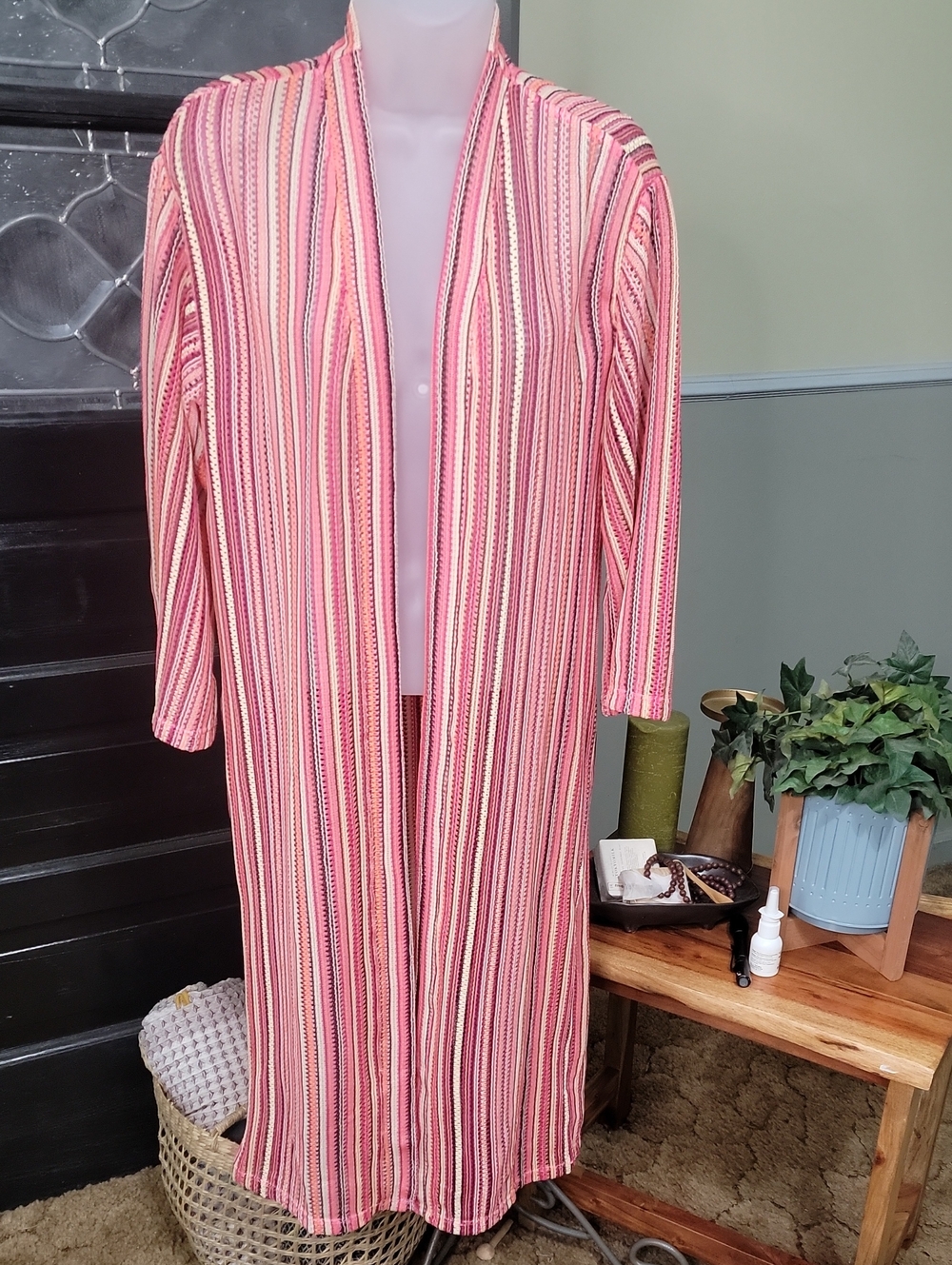 G by Giuliana Pink Striped Open Front Duster Cardigan 3/4 Sleeve XXS NWOT